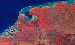 Wadden Islands, the Netherlands  In this week’s false-colour image, we zoom in on the Netherlands, famous for their conquest of the North Sea through the construction of major dike infrastructure in the southwest and the enclosure and reclaim of Flevoland as twelth province. Where Lake Ijssel, the largest lake in western Europe and formerly known as the South Sea, joins the North Sea, we find a beautiful string of islands called the Wadden Islands. Together, the Wadden Islands stretch from the Netherlands to Denmark. Out of the Dutch islands, five are inhabited and many are protected as wildlife habitats. Further in this image, we see the Belgian port of Antwerp and capital city of Brussels in the south, the triangle Amsterdam-The Hague – Rotterdam in the west. The Hoge Veluwe national park (brown) stands out to the southeast of Lake Ijssel as well.   Date: 17/03/2016   Resolution: 100m : wadden, islands, netherlands