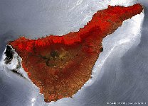Tenerife, Spain  The island of Tenerife, the largest of the Canary Islands in the Atlantic Ocean and a popular holiday destination for many, is home to the 2016 edition of the international BiDS conference, taking place on 15-17 March 2016. This false-colour image, acquired by PROBA-V in May last year, shows the dominant volcano El Teide, the highest mountain on Spanish territory. The built-up areas around the coastline, for instance the capital city of Santa Cruz de Tenerife, in the southeast, the harbour city of Puerto de la Cruz in the north or the Tenerife South airport (formerly known as the Reina Sofia airport) in the southern tip. Along the southeastern coastline, we can see the dark spot of the Badlands of Guimar, that consist of volcanic cones, the largest being Big Mountain and several lava flows.   Date: 02/05/2015   Resolution: 100m : tenerife, spain