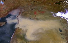Middle-East  The 300 m image of 7 september 2015 shows the enormous sandstorm extent, covering parts of Syria, Iraq, and southern Turkey. Eventually, the storm moved further westward over the Mediterranean Sea and also affected Cyprus and Egypt. A small part of the thunderstorm causing the haboob can be seen at the very right of the image.   Date: 07/09/2015   Resolution: 300m : sandstorm, syria, middle-east