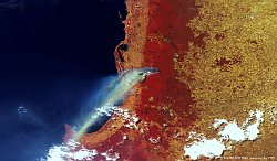 Perth, Australia  The 300 m false-colour image of 7 January 2016 shows smoke plumes resulting from a large bushfire south of Perth moving over the Geographe Bay and Indian Ocean. The smoke plumes cna be distinguished from clouds through the blue-grey taints.   Date: 07/01/2016   Resolution: 300m : perth, fires, australia