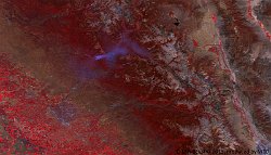 Wildfire, California (USA)  In June and July 2015, several wildfires have occurred in California. Some of these fires affected urban areas near San Francisco and Los Angeles, with houses and other objects being burned down and people being evacuated. The false color image below of 26 July 2015 shows the blueish smoke plume of a fire in the Sierra National Forest, northeast of Fresno (visible as the grey area in the lower-left part).   Date: 26/07/2015   Resolution: 300m