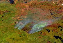 Fort McMurray Fires, Canada  The 100 m false color image of 16 May 2016 shows a large wildfire (~at least 2,500 km²) in fort McMurray, Alberta, Canada that spread rapidly because of the strong, dry wind. The bright red pixels indicate the fire, while the accompanying smoke and ash plumes appear as light-blue.   Date: 16/05/2016   Resolution: 100m : fire, fort, mcmurray, canada