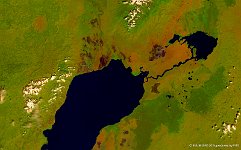 Virunga National Park, Congo  This 100 m false-colour image of 14 january 2015 shows part of the Park west and north of the large Lake Edward. Northeast of this lake, the Katwe-Kikorongo volcanic craters are visible as a purple area, while further to the east the Kazinga Channel and Lake George can be seen.   Date: 14/01/2015   Resolution: 100m : virunga, nationao, park, congo