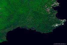 Provence, France  This 300 m image of 21 June 2014 shows the Provence, a geographical region and historical province in southeastern France. It extends from the left bank of the lower Rhône River in the west to the Italian border in the east and is bordered by the Mediterranean Sea to the south. It largely corresponds with the modern administrative region of Provence-Alpes-Côte d'Azur, and includes the départements of Var, Bouches-du-Rhône, Alpes-de-Haute-Provence, and parts of Alpes-Maritimes and Vaucluse.   Date: 21/06/2014   Resolution: 300m : provence, france