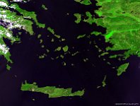 Greek Islands  Greece has a large number of islands, which are shown here on a 300 m image taken at 1 September 2013. The estimates on the number of islands range from somewhere around 1,200 to 6,000, depending on the minimum island size to take into account. The number of inhabited islands is variously cited as between 166 and 227. The largest Greek island by area is Crete, located at the southern edge of the Aegean Sea and can be seen in the lower part of the image. The second largest island is Euboea (visible in the upper left part of the image), which is separated from the mainland by the 60m-wide Euripus Strait.Lesbos and Rhodos are the third and fourth largest islands, respectively.   Date: 01/09/2013   Resolution: 300m : greek, islands