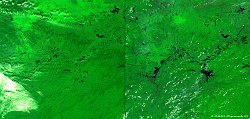 Poyang Lake, China  Poyang Lake is located in south-eastern China and is the country’s largest freshwater lake. Its area fluctuates heavily between the dry and wet season, as is evident from the images of 1 January 2015 (left) and 22 July 2014 (right).   Date: 01/01/2015   Resolution: 300m : Poyang, China, Lake, Seasonality