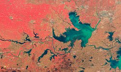 Hongze Lake, China  The 100 m false-colour image of 11 February 2017 shows us Hung-Tse.  A large lake in the Huai River valley, on the border between Jiangsu and Anhui provinces, eastern China. The lake is shallow, and in the course of centuries, its bottom silted up. Together with the comprehensive water conservancy project for the Huai River valley, it has reduced flooding. The lake surface is only some 15 meters above sea level, however, and drainage remains a problem. Most of the lake is too shallow for any but small boats.   Date: 11/02/2017   Resolution: 100m : lake, china, valley, river, silt, floods