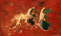 Makgadikgadi pan, Botswana  The 100 m false-colour image of 21 May 2017 shows us Makgadikgadi Pan,  a salt pan situated in the middle of the dry savanna of north-eastern Botswana.  One of the largest salt flats in the world. The pan is all that remains of the formerly enormous Lake Makgadikgadi, which once covered an area larger than Switzerland, but dried up several thousand years ago.   Date: 21/05/2017   Resolution: 100m : botswana, salt, savanna, lake, switzerland