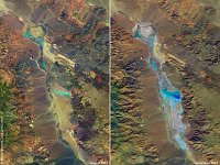Lake Badwater, USA  This 100 m composit shows us a comparison between Lake Badwater, in Death Valley, California in August 2015 and November 2015. At Badwater Basin, significant rainstorms flood the valley bottom periodically, covering the salt pan with a thin sheet of standing water. Newly formed lakes do not last long though, because the 48 mm of average rainfall is overwhelmed by 3,800 mm annual evaporation rate. This lake is also the lowest point in North America, 282 feet below sea level.   Date: 08-09/2015   Resolution: 100m : lake, badwater, usa, death, valley, basin