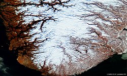 Norway, Europe  The PROBA-V 100 m image of 14 February 2017 shows large fjords and their sharp contrast with the surrounding snow-covered land area in southern Norway. From South to North one can see the Bokna-, Hardanger-, and Sognefjorden.  The white-textured area in the middle part is the Hardangervidda National Park, an extensive plateau at ~1,200 m altitude, with the wild reindeer as the most significant animal.   Date: 14/02/2017   Resolution: 100m : norway, europe, fjords, snow, ice, park