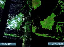 Indonesia-Philippines  Several parts of the world, among which the equatorial region, are frequently cloud-covered.  In order to facilitate proper land surface research, the PROBA-V Mission Exploitation Platform (MEP) provides the possibility to compose synthesis images for various time periods. As an example, the left image shows the 1-day synthesis over parts of Indonesia and the Philippines on 9 January 2016, while the right image shows a nearly cloud-free 21-day composit over the same area for 9 - 29 January 2016.   Date: 01/2016   Resolution: 1,000m : mep, indonesia, philippines, clouds, cover