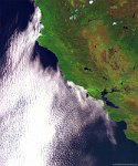 Clouds, Californian Coast  The 100 m image of 17 April 2015 shows a stratocumulus field, recognisable by the cellular and wave-like structures, off the Californian coast near the cities of San Francisco and San Jose. In the lower-right corner of the image, San Francisco Bay is visible, while the upper part shows Mendocino National Park.   Date: 17/04/2015   Resolution: 100m : clouds, california, coast