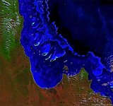 Great Barrier Reef, Australia  The 100 m image of 8 July 2015 shows Great Barrier Reef’s northern part, recognisable by the light-blue taints, while deeper parts of the Pacific Ocean appear dark-blue.  In the lower central part of the image, the North Kennedy River emptying into Princess Charlotte Bay is visible.   Date: 08/07/2015   Resolution: 100m : great, barrier, reef, australia