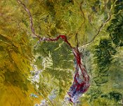 Georgina River, Australia  The 100 m false-colour image of 16 March 2015 shows the intertwined streams of the Georgina River in red, meandering through the central Australian desert. The grey-purple area west of the river indicates salt planes resulting from lakes that temporarimy exist during the dry season (October - April)   Date: 16/03/2015   Resolution: 100m : river, georgina, australia