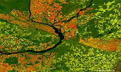 Columbia River, USA  In this false-colour, 100 m resolution image captured in mid September 2016, the brown mountains and urban environment (along the northwest branch of Columbia River), the dark rivers, the green patchwork and green-to-orange spots of crop fields make for a colour palette that reminds us of the Autumn season. In the centre of the image, where the river suddenly narrows just south of the pivot fields, it passes by a national landmark – the Wallula Gap.   Date: 15/09/2016   Resolution: 100m : river, columbia, wallula, gap