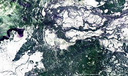 Saskatchewan, Canada  The 100 m image of 28 November 2015 shows part of eastern Saskatchewan largely covered by snow, with the Saskatchewan River flowing into Tobin Lake in the upper-left part. Further, various small rivers, lakes and ponds can be seen.   Date: 28/11/2015   Resolution: 100m : saskatchewan, canada