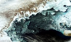Caspian Sea  The 100 m image of 1 February 2017shows us  part of a frozen Caspian Sea, the largest enclosed inland body of water on Earth. It is in an endorheic basin located between Europe and Asia.   The northern portion of the Caspian Sea typically freezes in the winter, and in the coldest winters ice forms in the south as well.   Date: 01/02/2017   Resolution: 300m : caspian, sea, water, basin, europe, asia, winter, ice