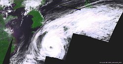 Vongfong, Japan  Typhoon Vongfong, the strongest storm to hit Japan this year, has made landfall on the country's main islands on 12 October 2014. The typhoon and its clear eye with surrounding eyewall clouds are shown here on a 300 m image taken at 5 October 2014. The country of South-Korea is visible just northwest of the typhoon.   Date: 05/10/2014   Resolution: 300m : typhoon, Vongfong, Japan