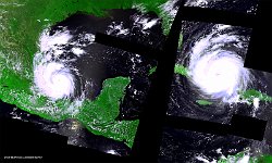 Katia and Irma, Mexico  It is highly unusual to have three hurricanes in the Atlantic basin at the same time (at left Katia, at right Irma, Jose is not on this image)- and even rarer for them all to be expected to make landfall on the same day! Hurricane names are organised alphabetically throughout the year – with the first hurricane of 2017 called Arlene, followed by Bret, Cindy and so on.  This means hurricanes Irma, Katia and Jose had eight storms before them this season. However, the consequences of the six storms are completely different. However, Irma is the deadliest of the lot.   Date: 08/09/2017   Resolution: 300m : hurricane, mexico, katia, irma, jose, storm